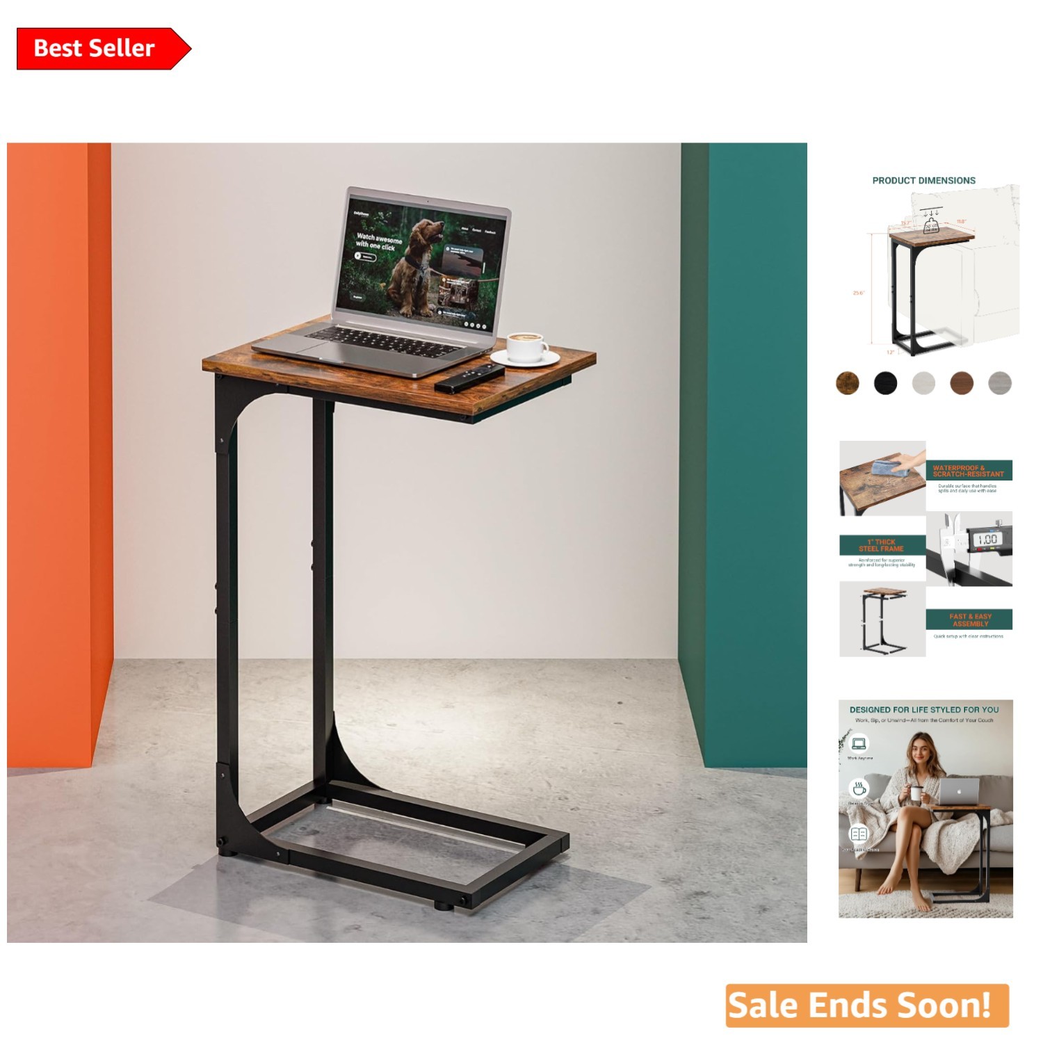 Compact C-Shaped Side Table with Waterproof Top - Rustic Brown & Metal Frame