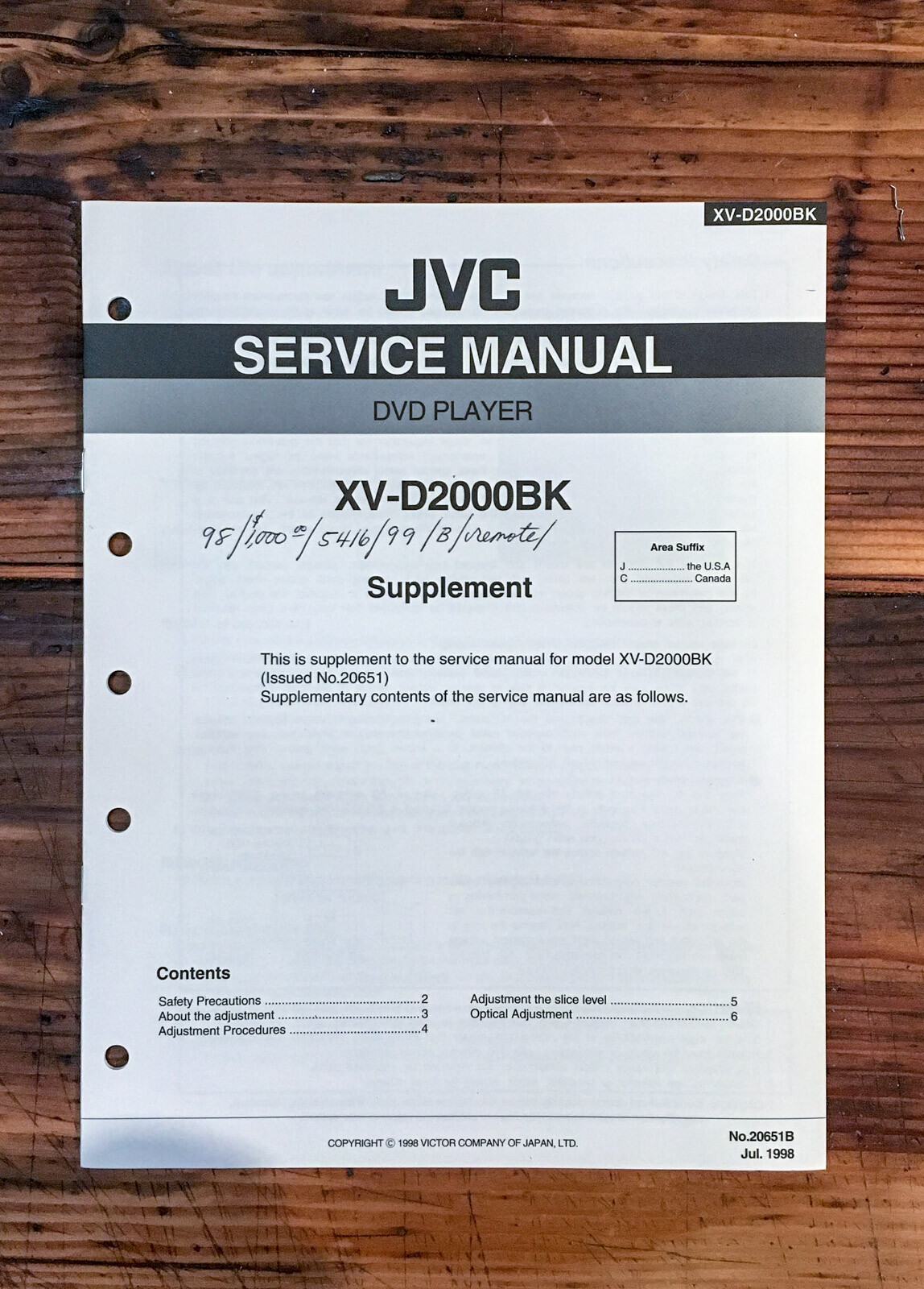 JVC XV-D2000 BK D2000BK DVD Player  Service Manual Supplement *Original*