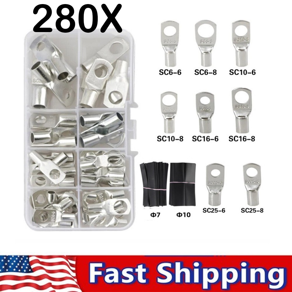 280PCS Car Copper Lug Ring Terminals Cable Electrical Wire Crimp Connectors Kit