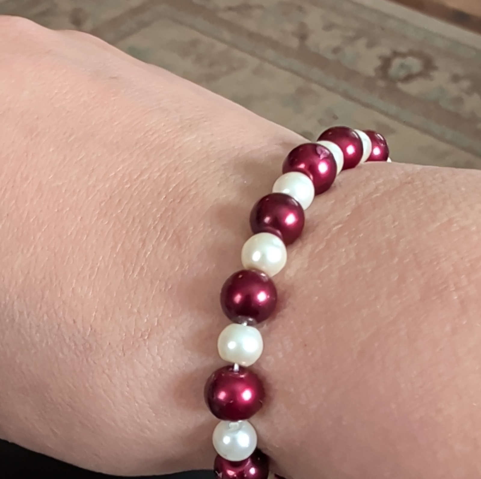 Beaded Bracelet Red & White Round Plastic Beads Stretch for Women
