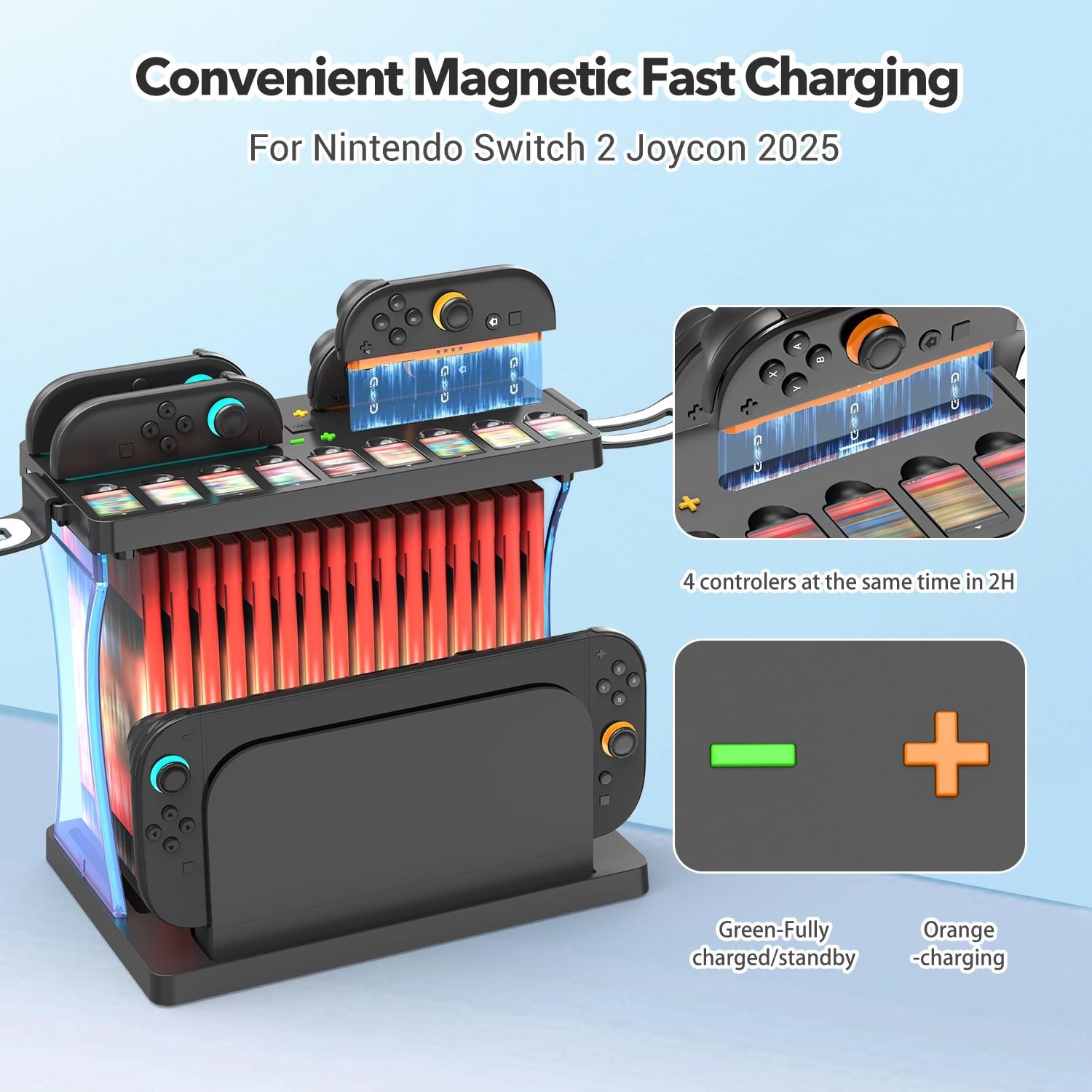 Switch 2 Organizer Docking Station with Joycon Controller Charging Docks LED Lit