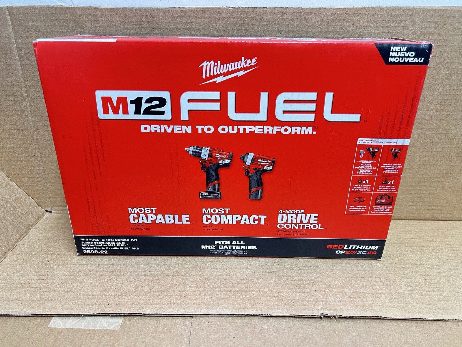Milwaukee M12 FUEL Brushless Hammer Drill Impact Drive 2 Bat Charger Bag 2598-22