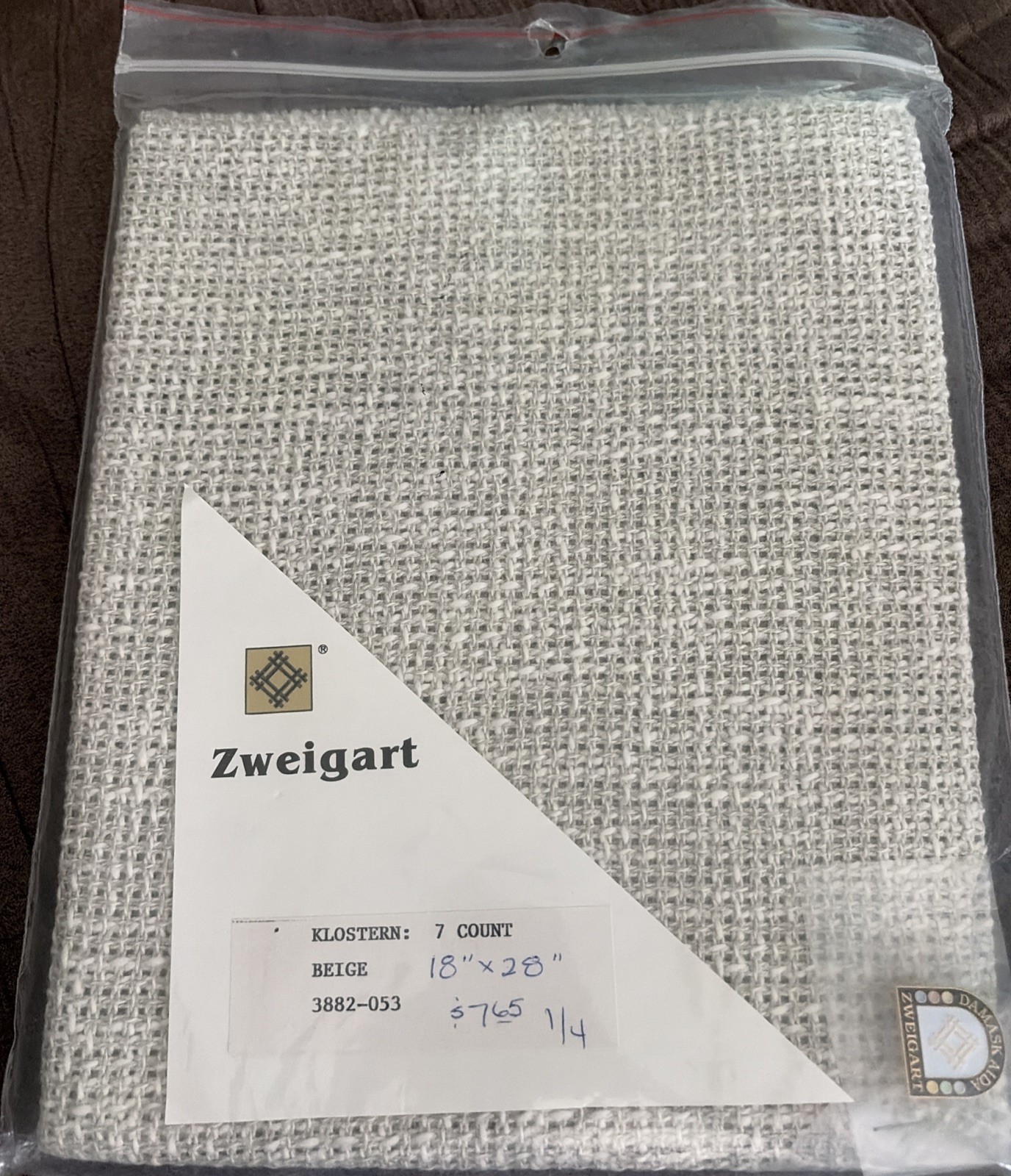Germany Zweigart Klostern Fabric 7 Count Beige 18x28” w/new Damask Aida Pin Vtg