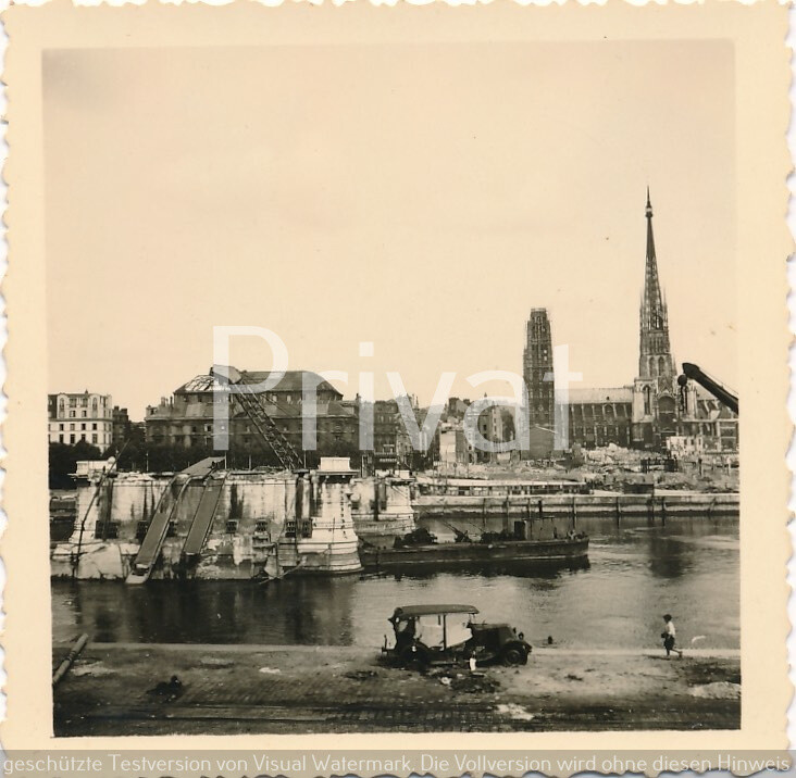Photo WW II Panorama Rouen Seine Ships Ruins Bridge Destruction France J1.46