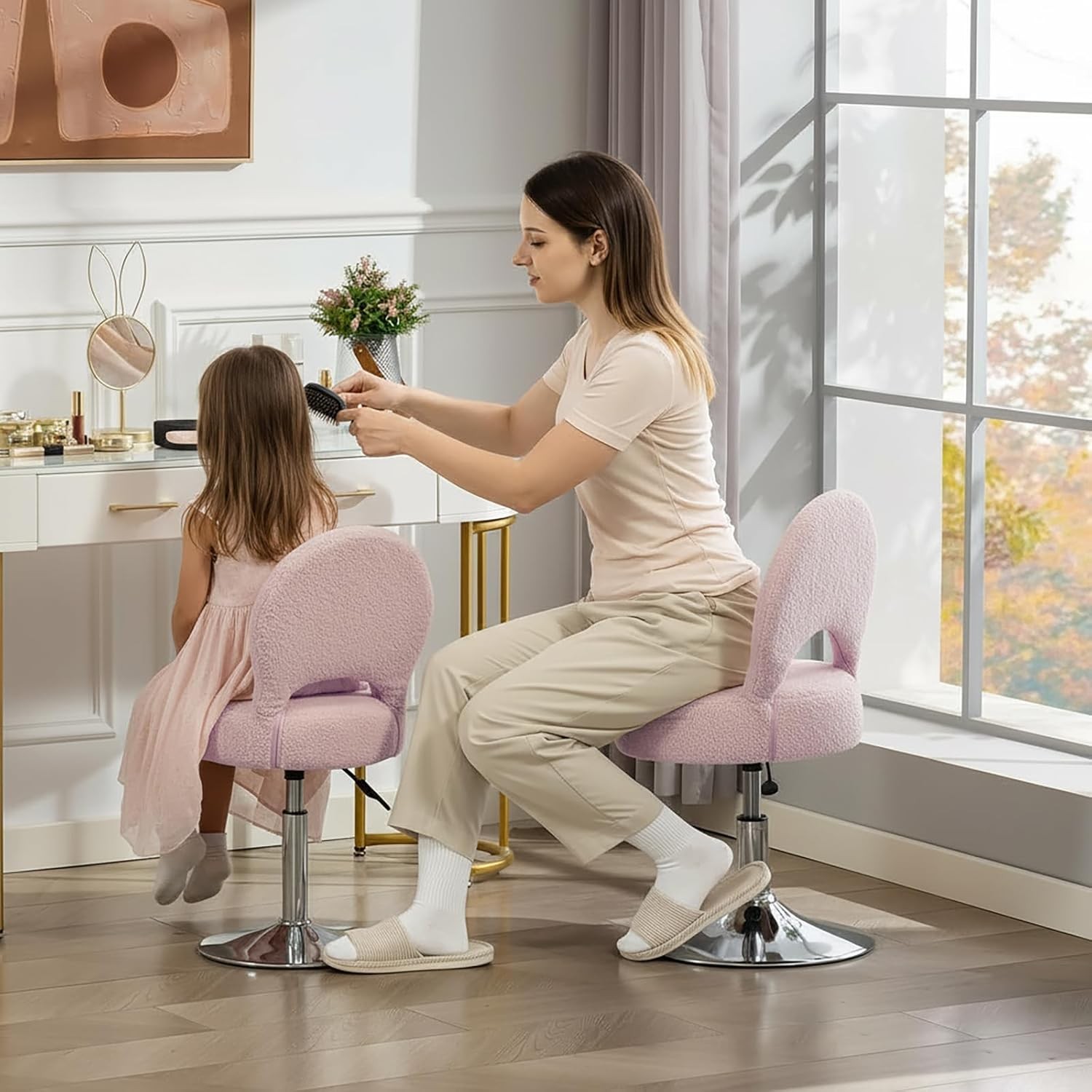 Adjustable Small Vanity Chair 360° Swivel Vanity Stool W/ Folding Back Teenager