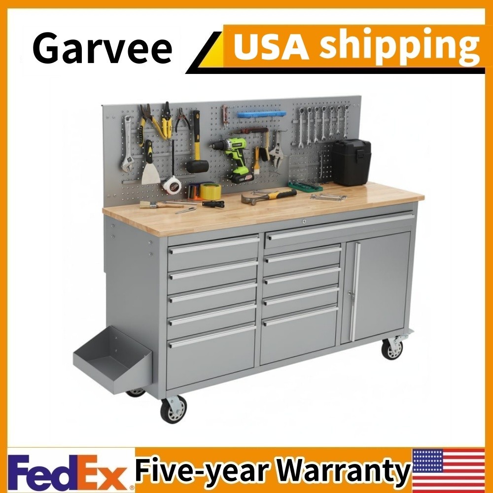 61inch Rolling Tool Chest Garage Workbench Storage Tool Cabinet Strip 10 Drawers