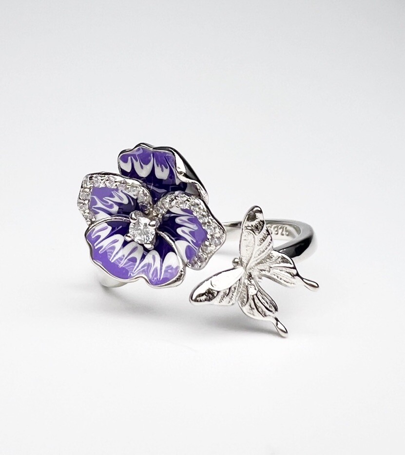 Purple Pansy Butterfly Adjustable Ring Genuine 925 Sterling Silver 💖