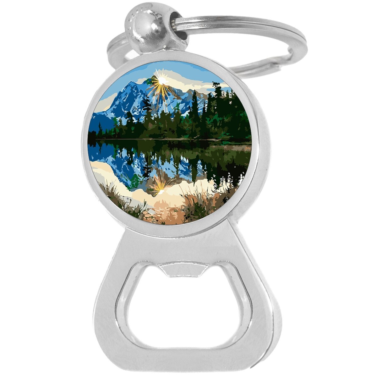 Sun Over Mountain Lake Bottle Opener Keychain - Metal Beer Bar Tool Key Ring