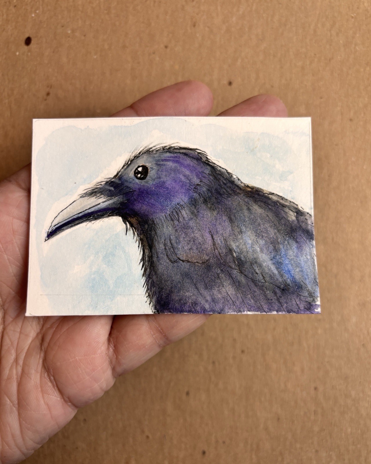 ACEO Original Watercolor Ink Raven Drawing, Miniature Contemporary Bird Art