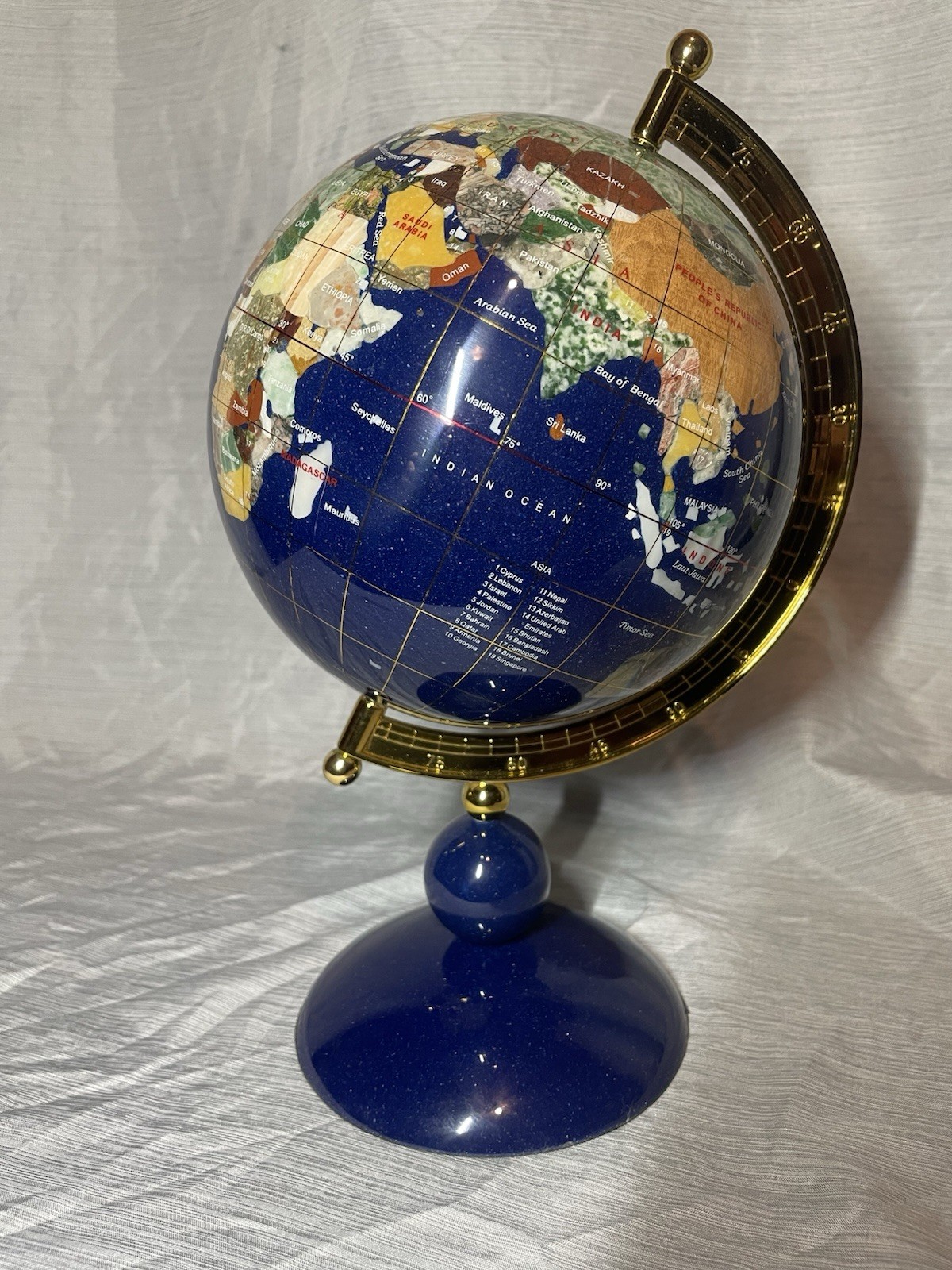 Macheli Blue Inlaid Gemstone World Globe Gold Tone Stand 11in COA