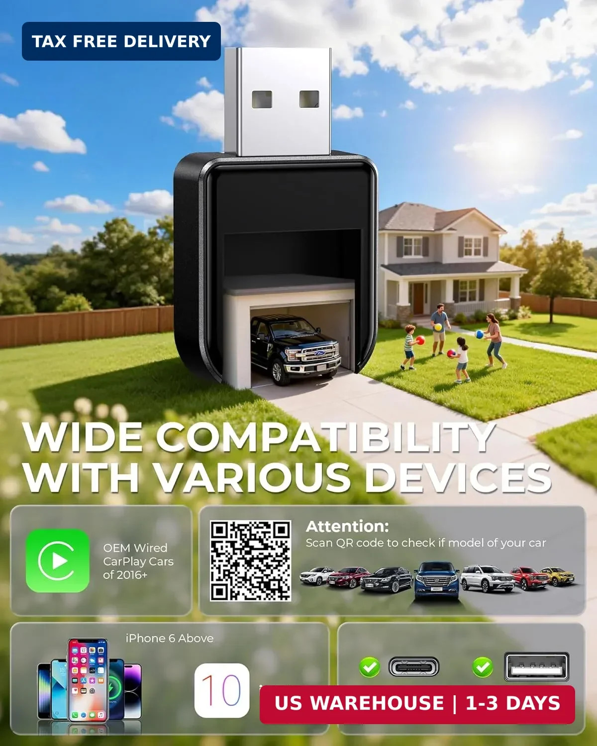 Wireless Carplay Adapter for iPhone Latest Upgrade, Tiny Bluetooth Receiver Conv
