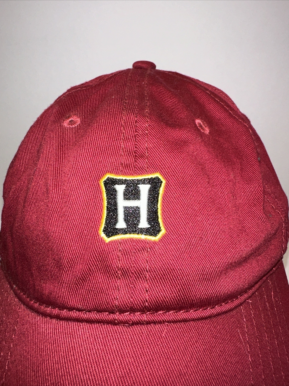Hogwarts Logo with Black White Gold H on Maroon Hat Cap Harry Potter Hook Loop