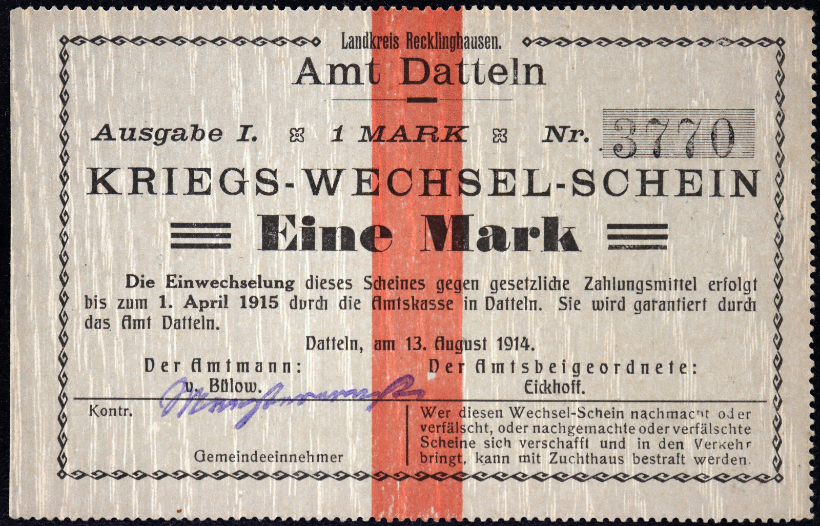 DATTELN 1914 1 Mark Early WWI German Notgeld