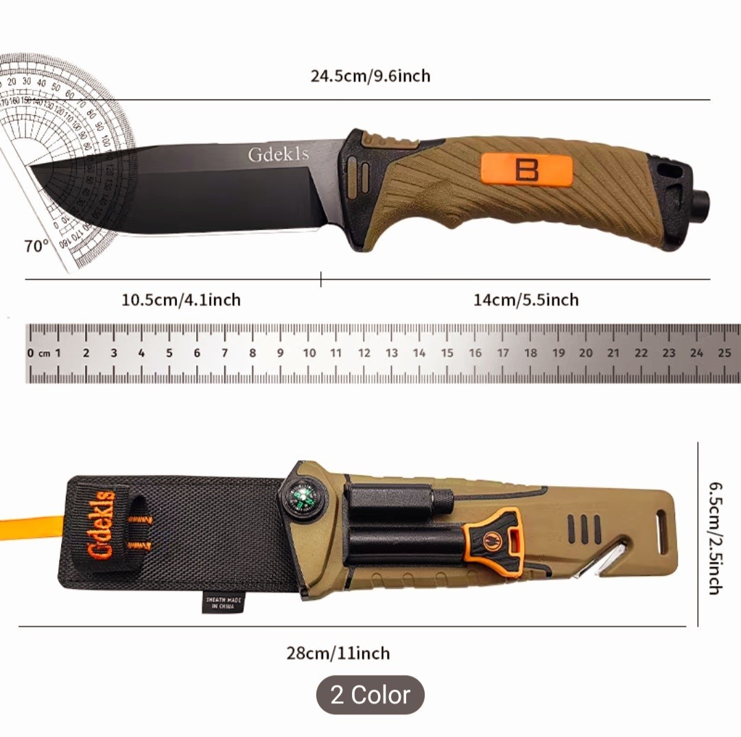 Gdekls Survival Knife 10.5cm Khaki /Sheath Fire Starter Compass Knife Sharpener
