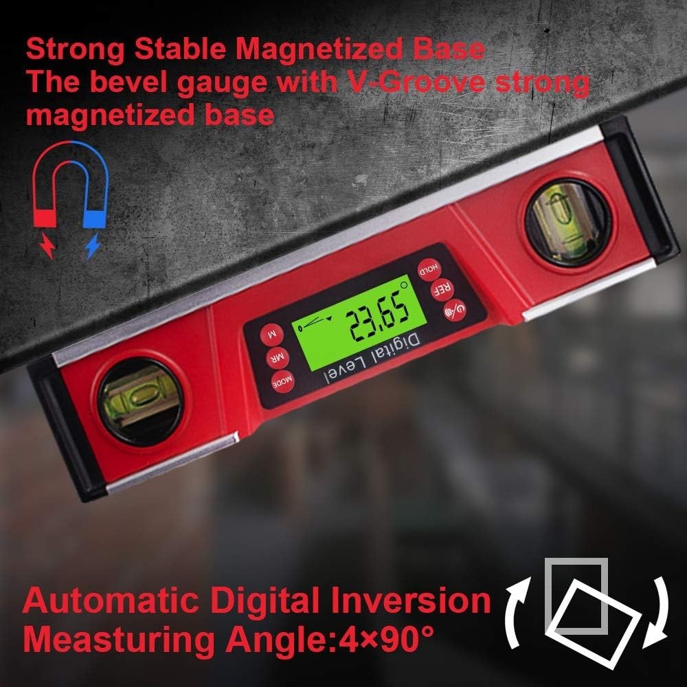 Digital Level and Protractor, 10 Inch IP54 Protected Electronic Bubble Red