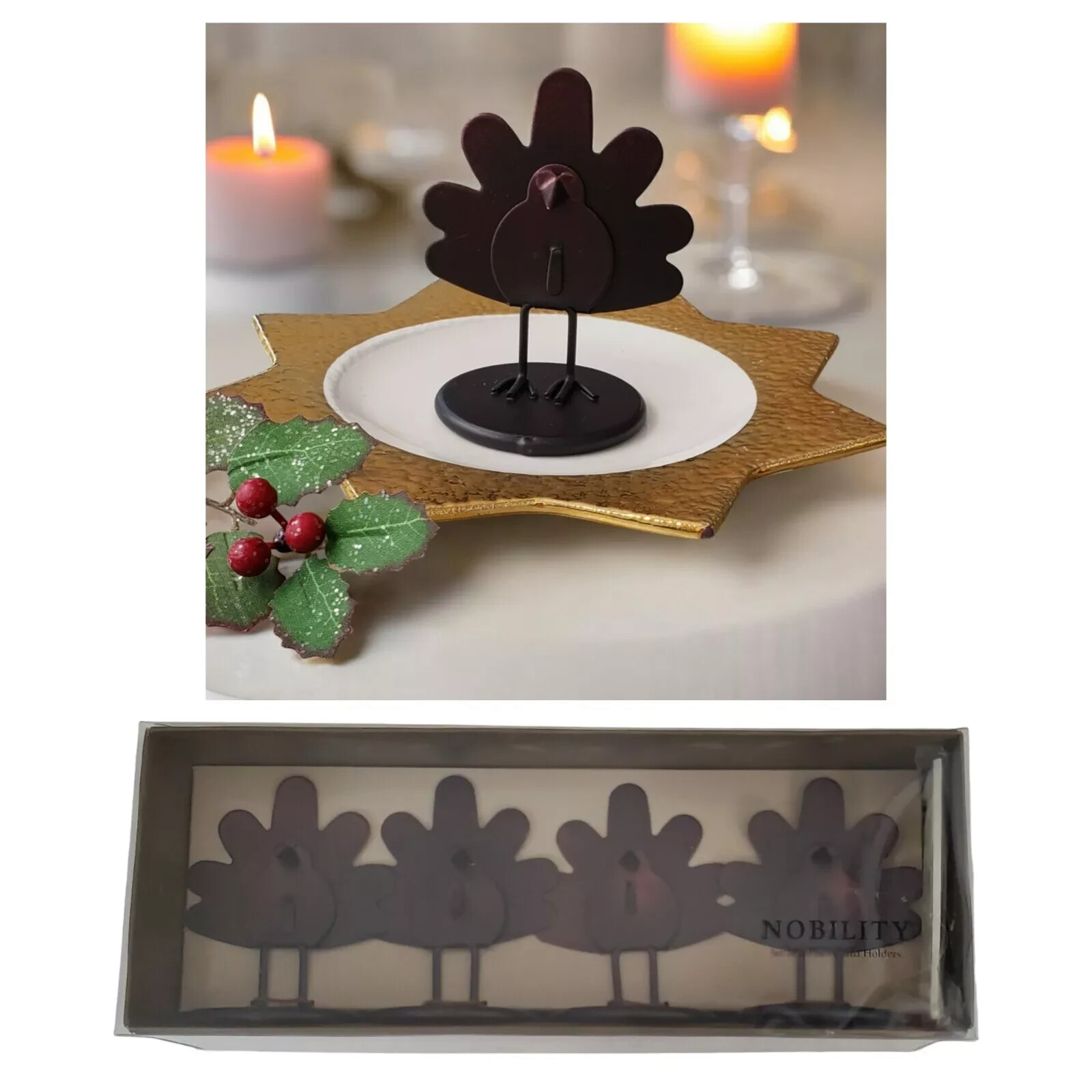 (NIB) Set of 4 Vintage Copper Brown Turkey Place Card Holders w Cards FREE SHIP