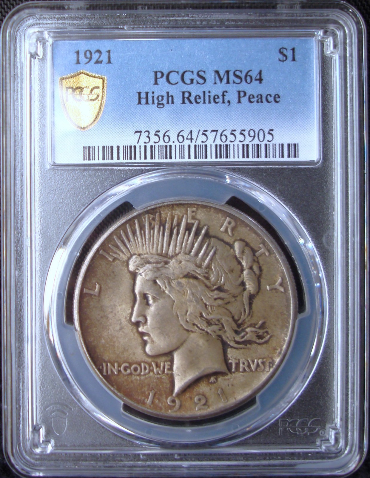 1921 High Relief Peace Silver Dollar - PCGS MS 64 - Gold Shield