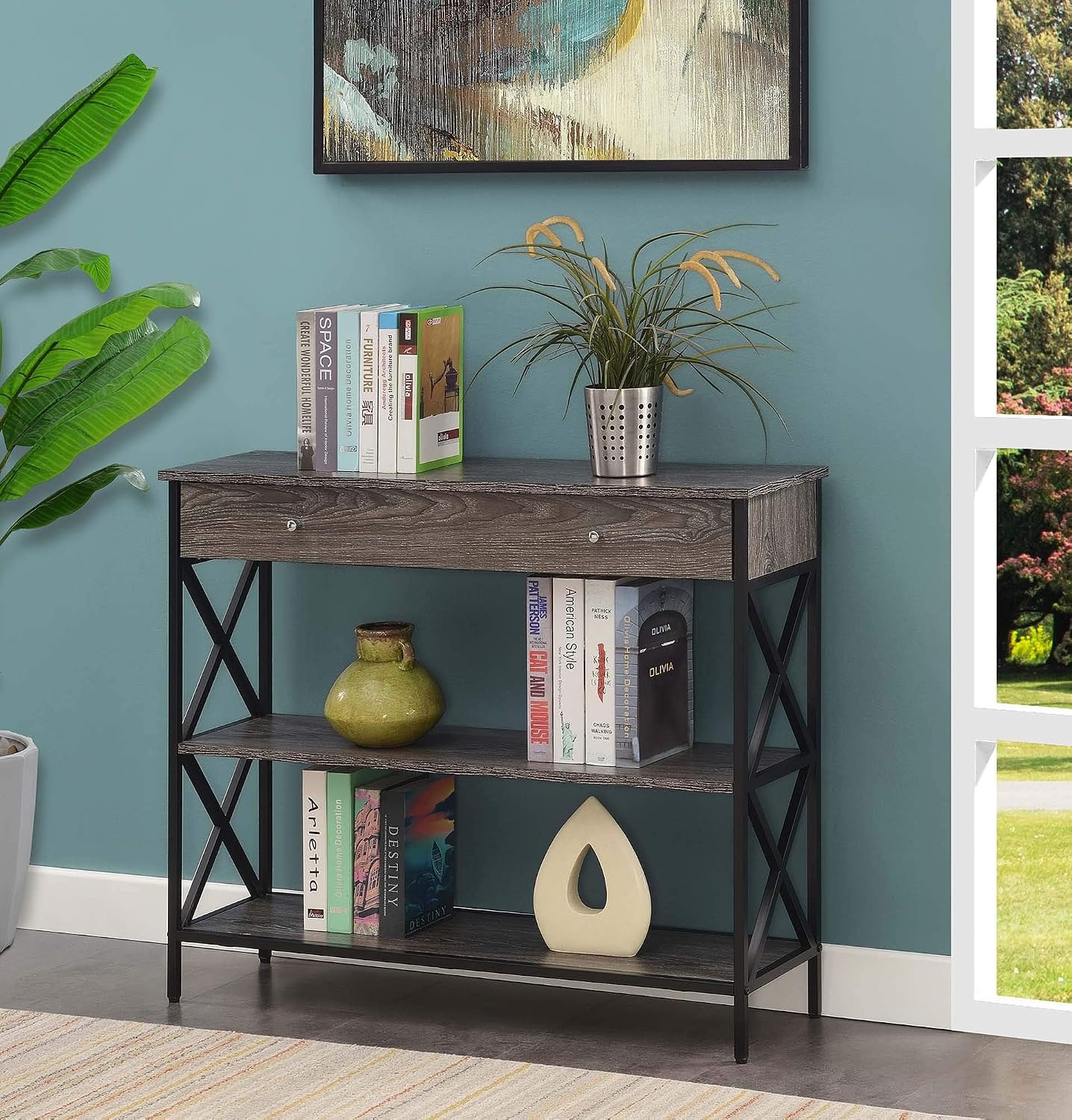 Tucson 1-Drawer Console Table with Shelves, Weathered Gray/Black