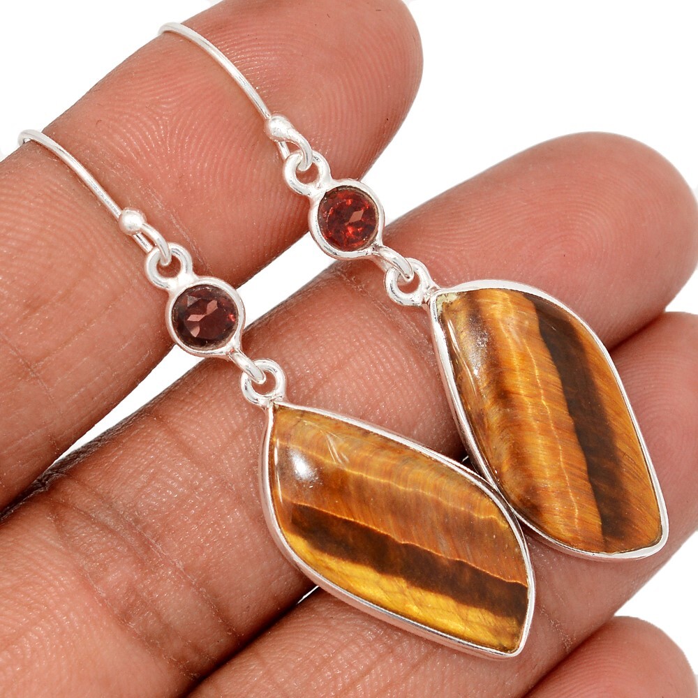 Natural Tiger Eye - South Africa & Garnet 925 Silver Earrings Jewelry CE48454