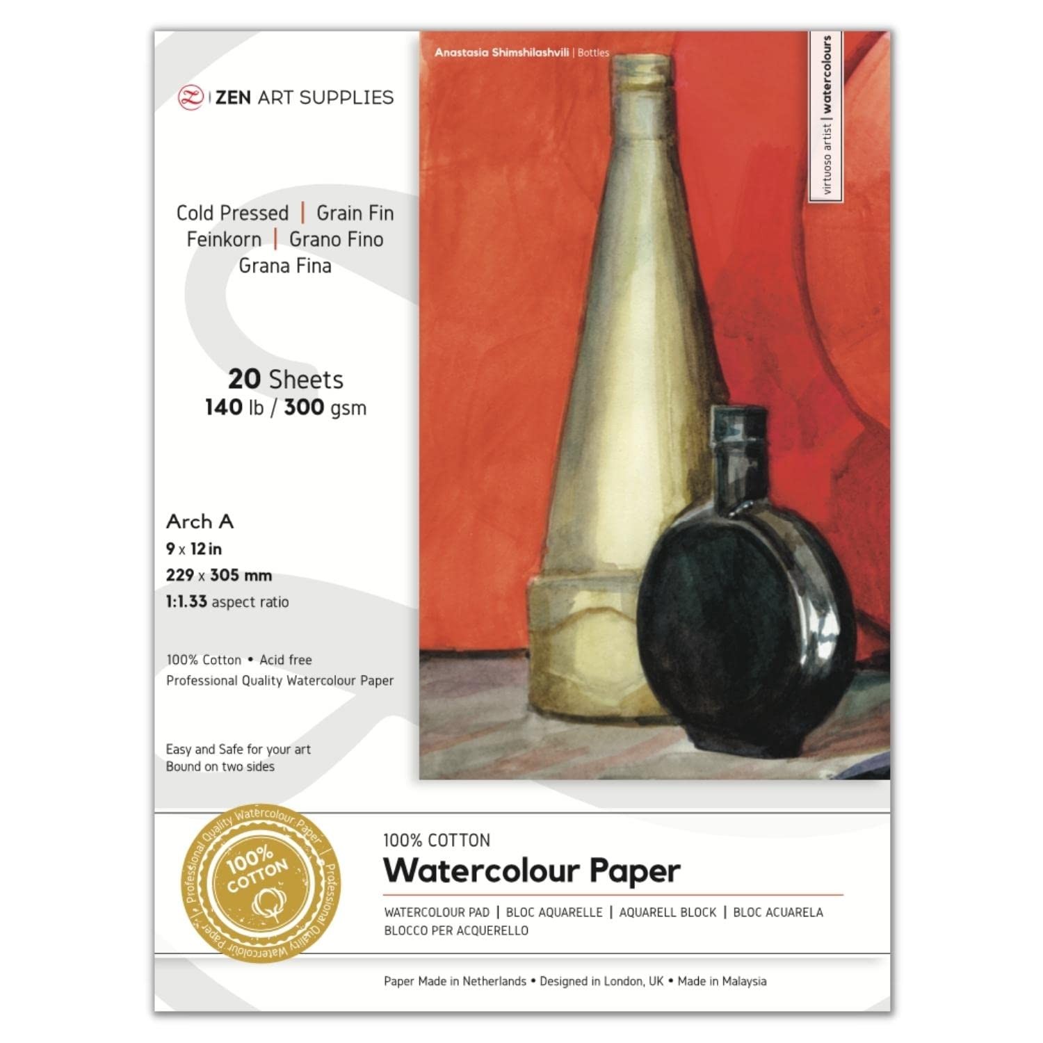 20 Sheets 9x12 Inch 100% Cotton 140 lb/300 GSM Cold Press Watercolor Block