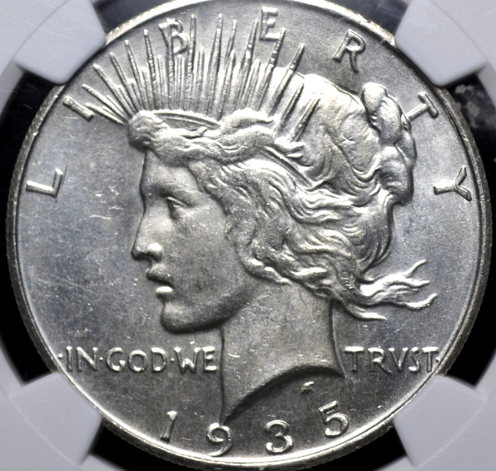 1935 S PEACE DOLLAR NGC MS 62 UNCTUOUS CELLOPHANISH SILVER SATIN WITH A FAINT