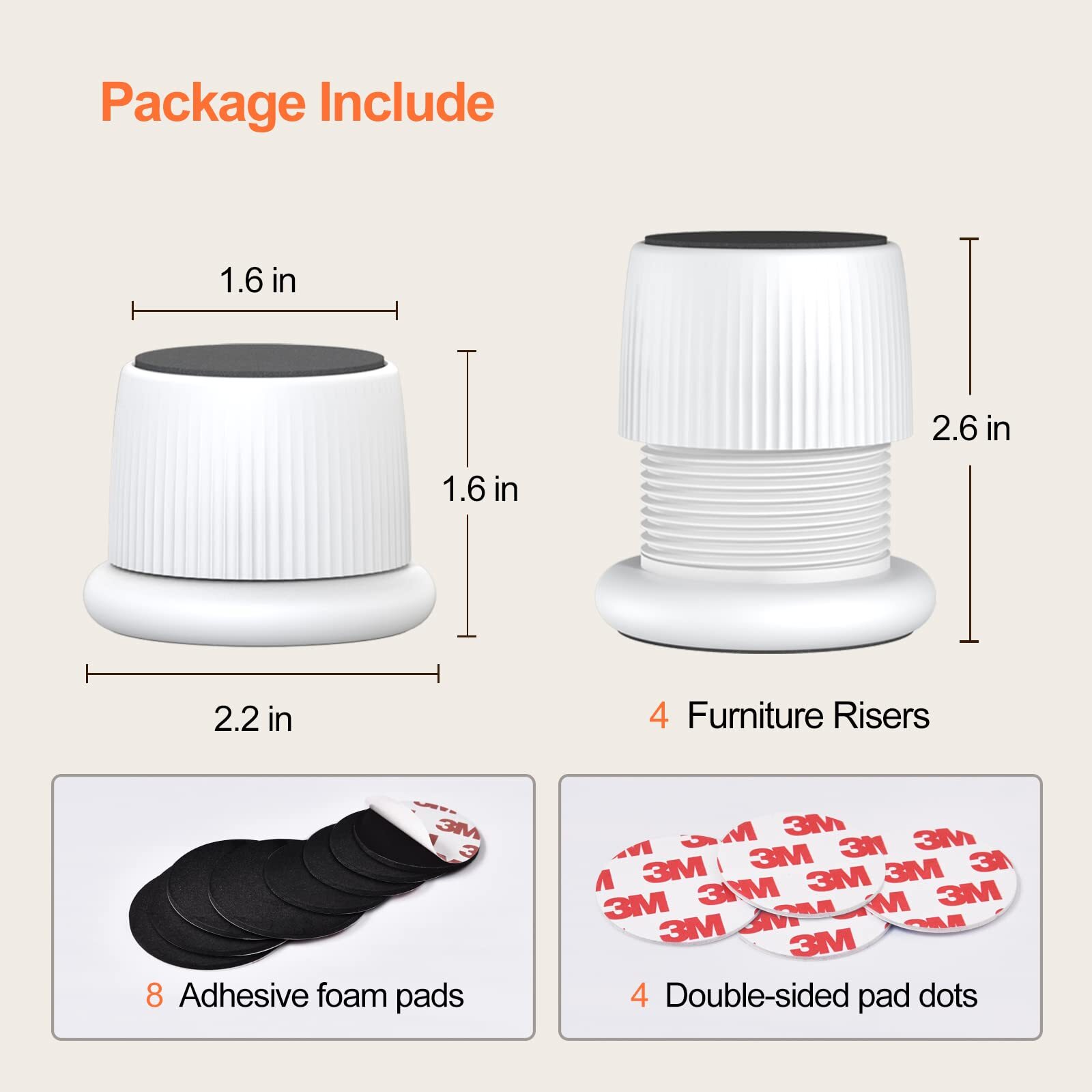 Adjustable Furniture Bed Risers 1.6-2.6 inch Bed Risers White Durable Plastic...