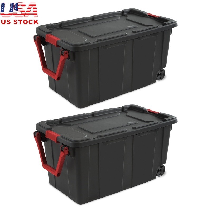Wheeled Extra Large Storage Bin Set of 2 Heavy Duty Plastic Container W/ Lid New