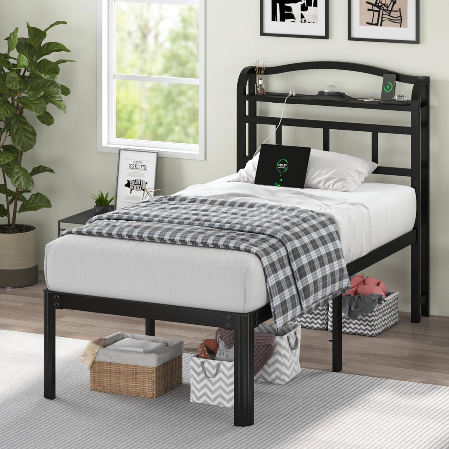 Twin Size Bed Frame with Storage Headboard & Star Projector, Easy Assembly