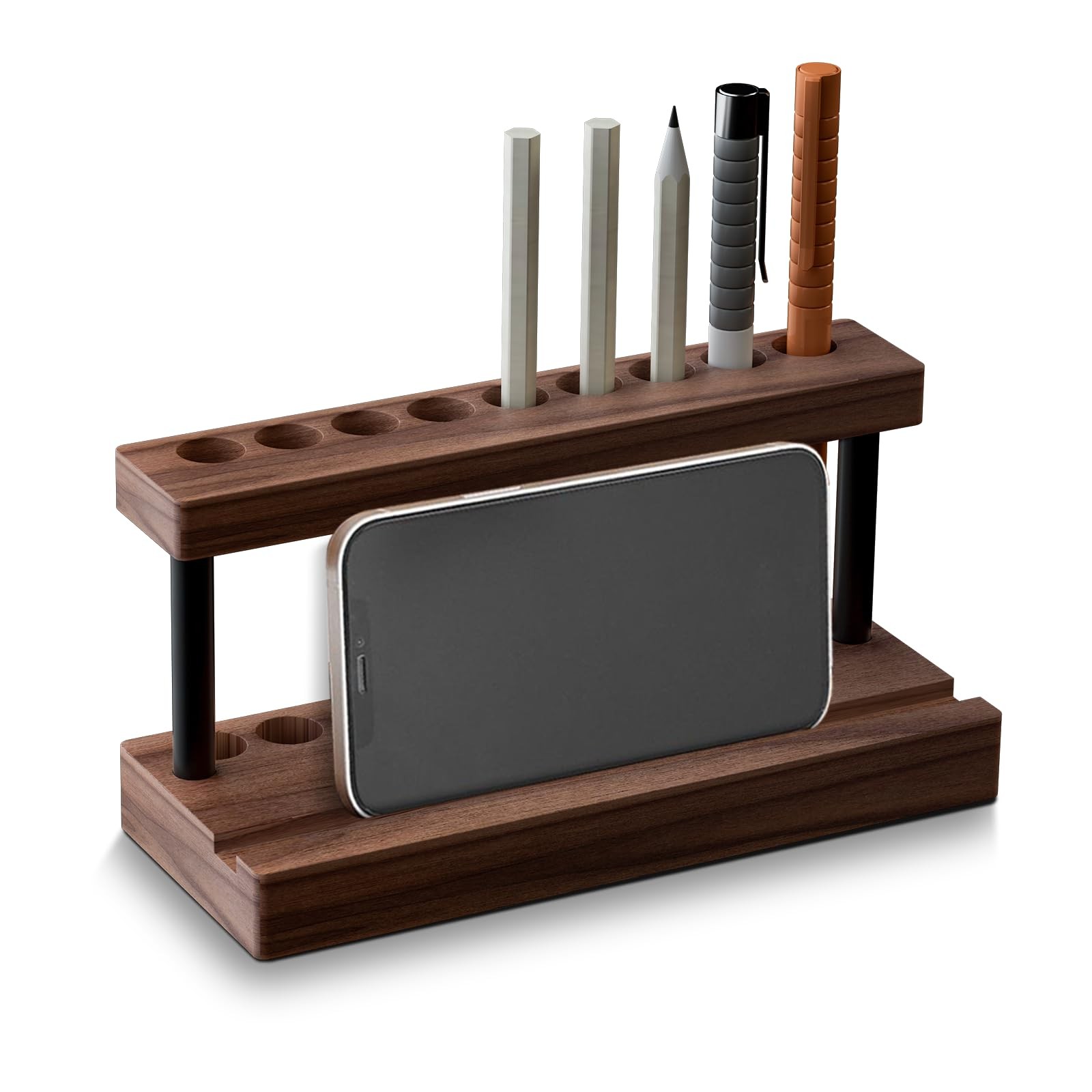 U-Chain Pencil & Pen Holder for Desk, Solid Walnut Pen Display Stand with 9 S...