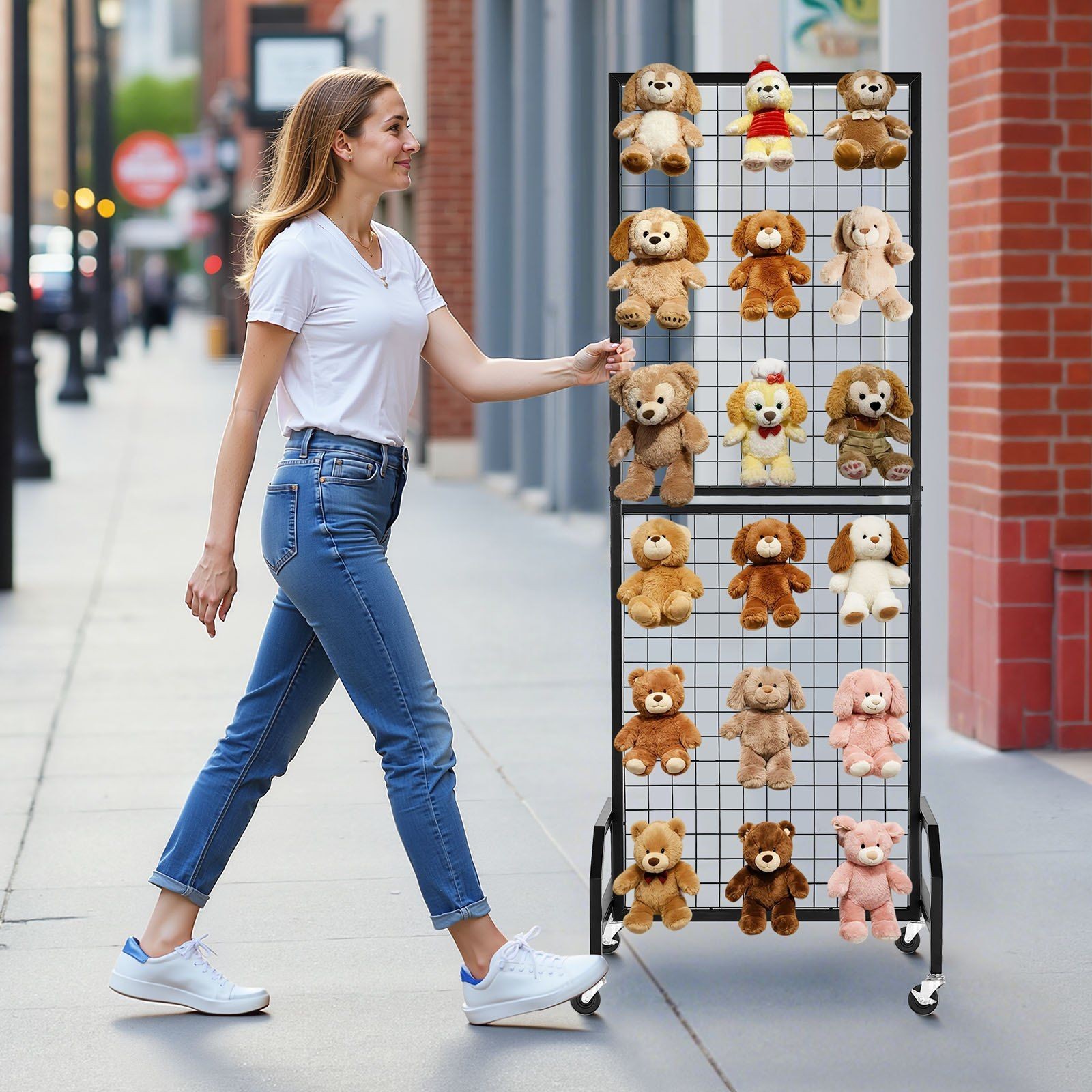 Movable Grid Wall Display Rack, 1.9x5.4ft, Steel, 30 Hooks, Locking Casters