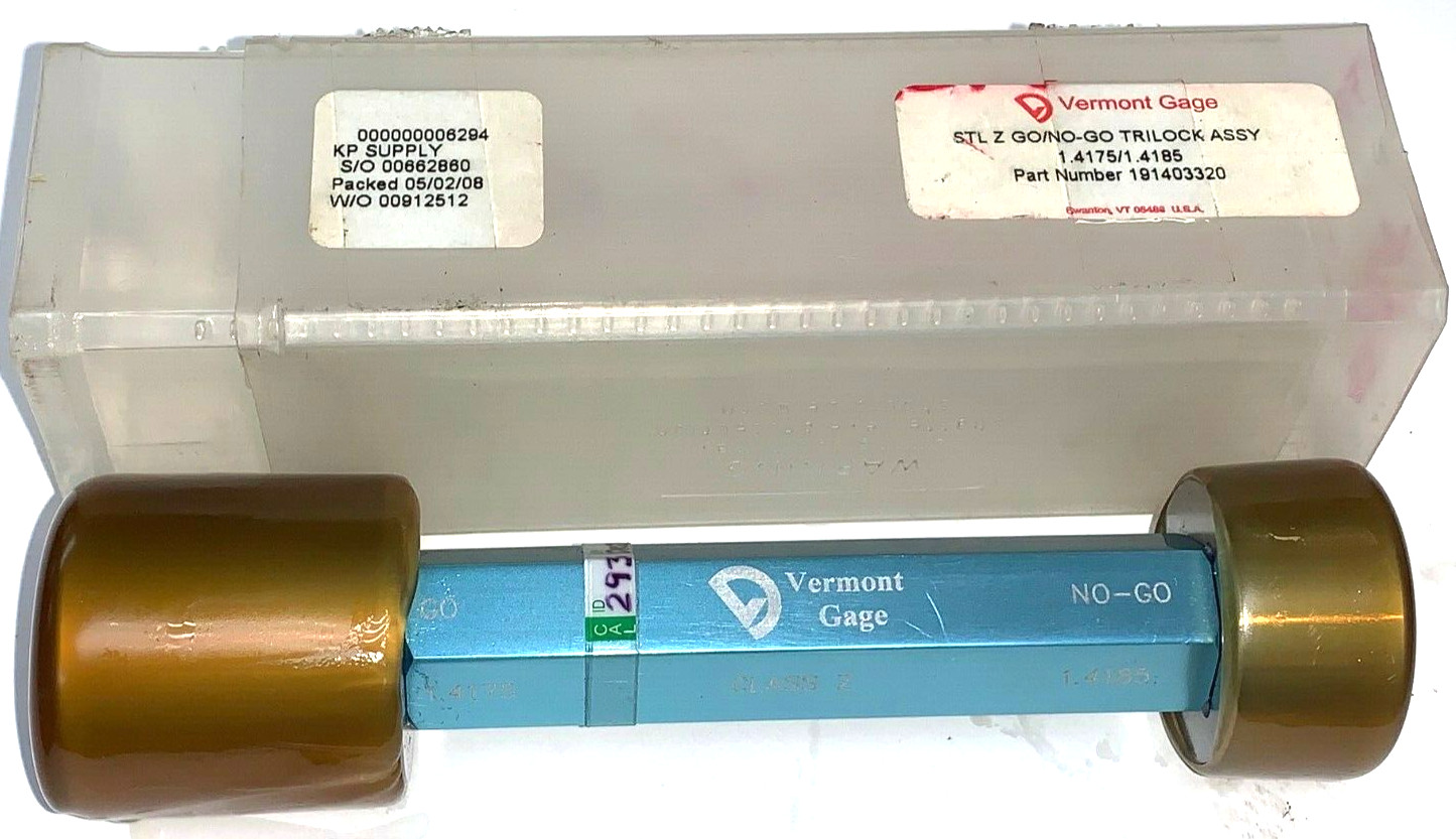 VERMONT GAGE GO/NO-GO TRILOCK ASSY 191403320 1.4175" X 1.4185" END 3-15/16" BODY