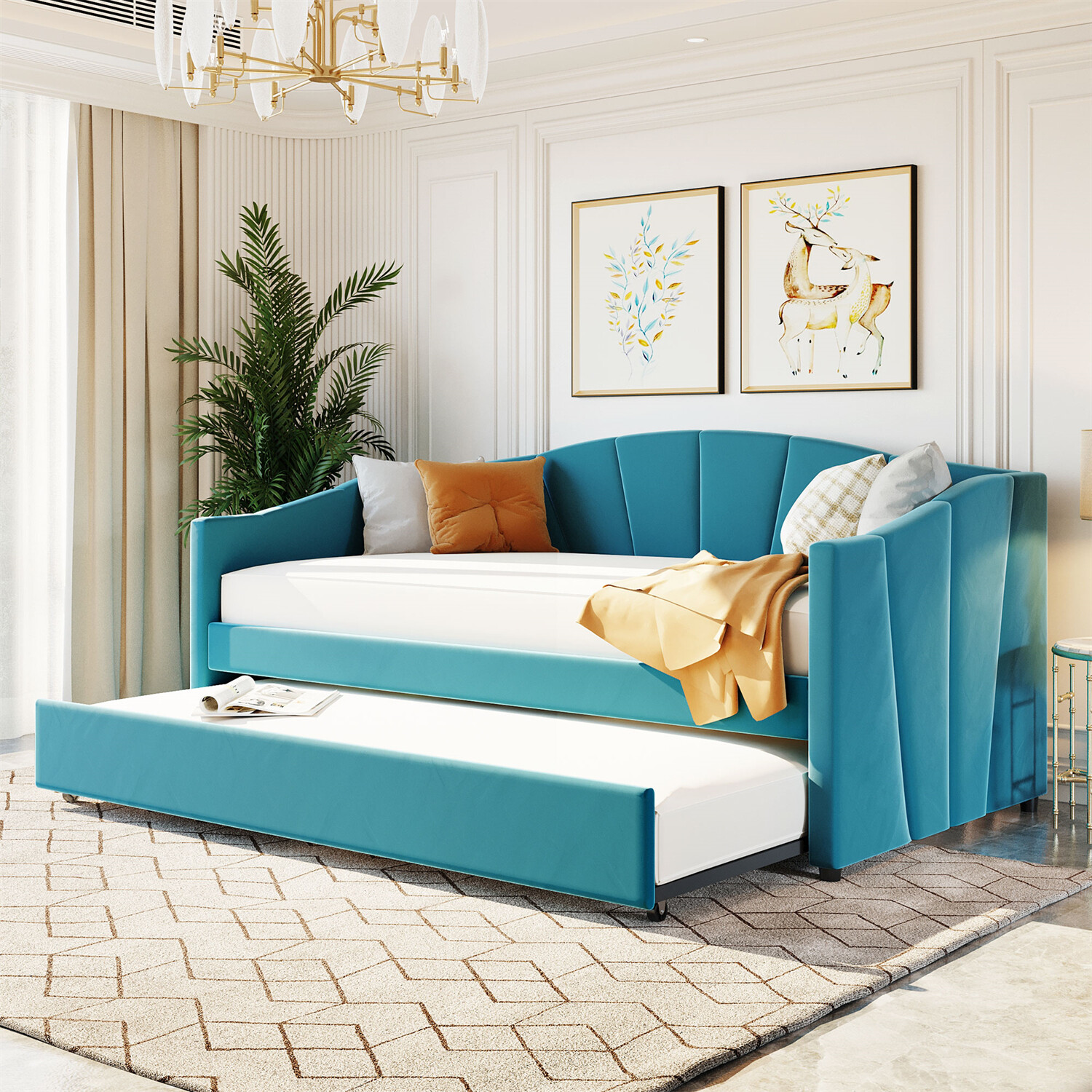 Twin Size Daybed Upholstered Bed Frame Sofa Bed w/ Trundle Beige/Blue/Gray