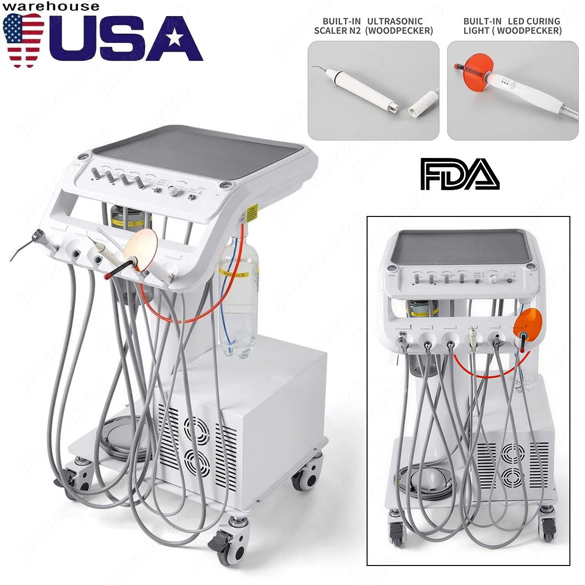 Portable Dental Mobile Delivery Unit Cart Suction System 4 Holes Air Compressor