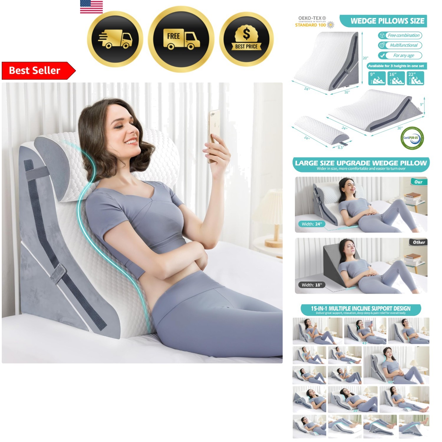 Wedge Pillow for Sleeping Orthopedic Bed Set 15-in-1 Adjustable Memory Foam
