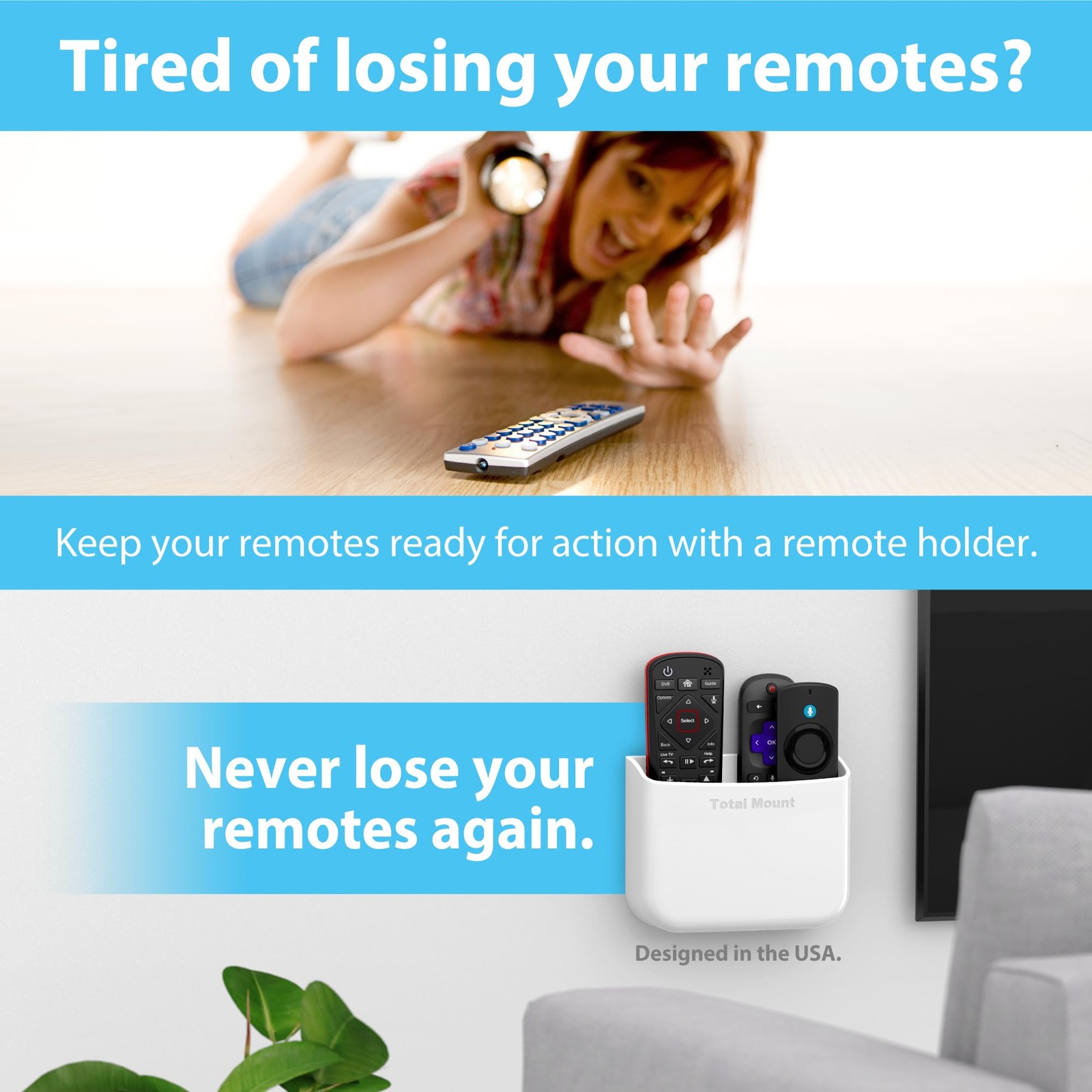 TotalMount Drop-Free Remote Holder – Removable Adhesive Strips – White