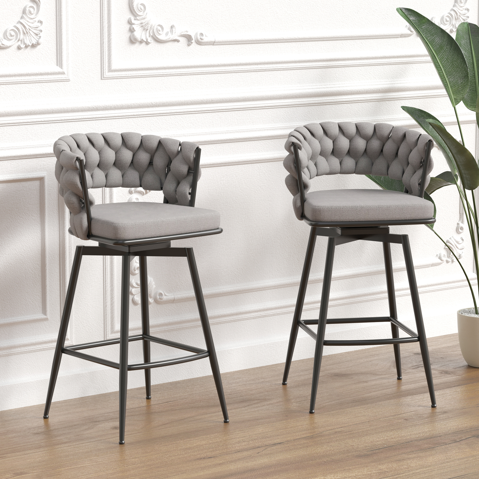 2Set Linen Fabric Swivel Bar Stools Kitchen Counter Pub Chairs 35.9" Seat Height