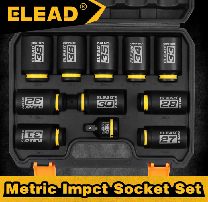 1/2" Drive Deep Impact Socket Set 11Pc Metric 27–38mm Axle Nut Sockets