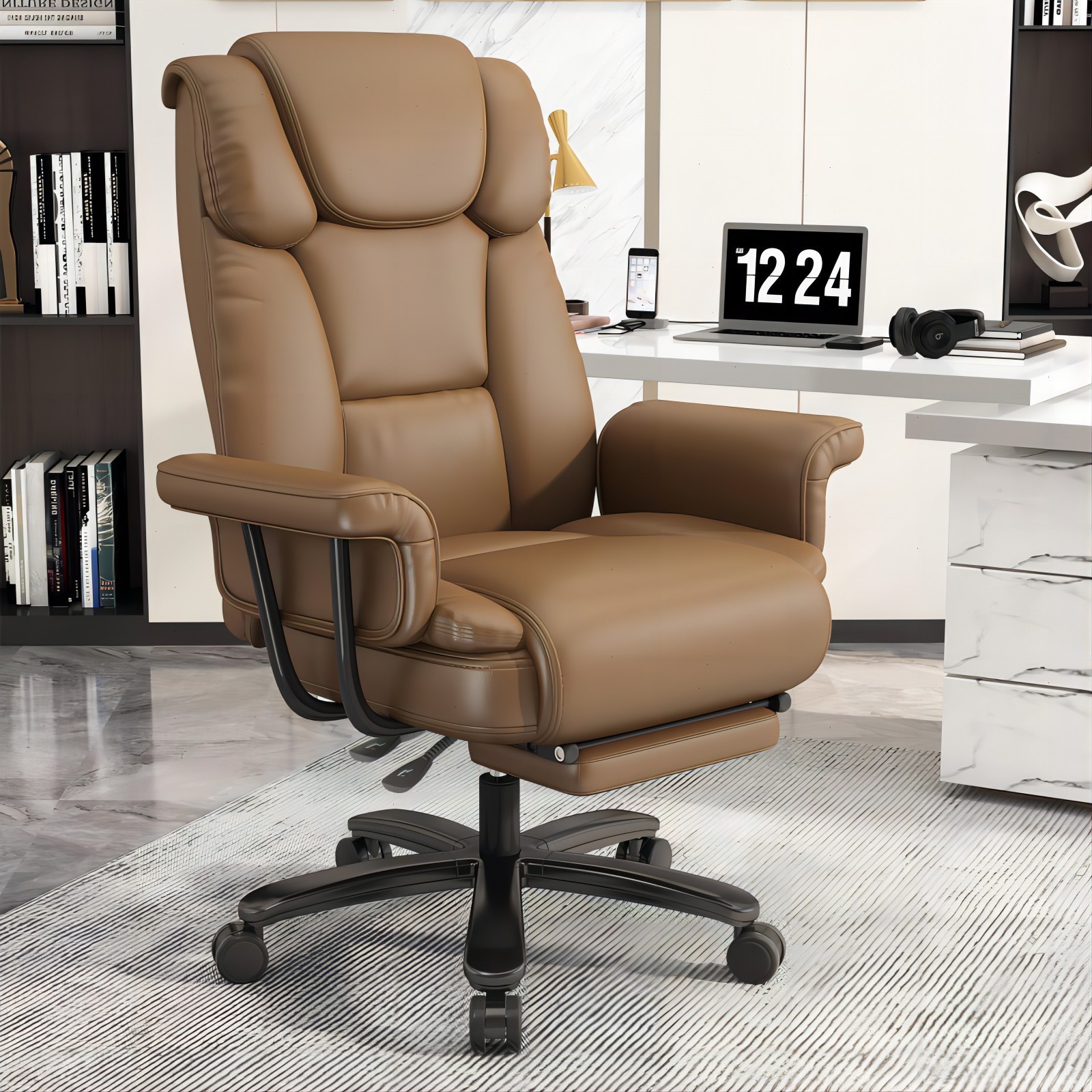 Big and Tall Office Chair Reclin with Footrest High Back Desk Chair 400LBS Brown