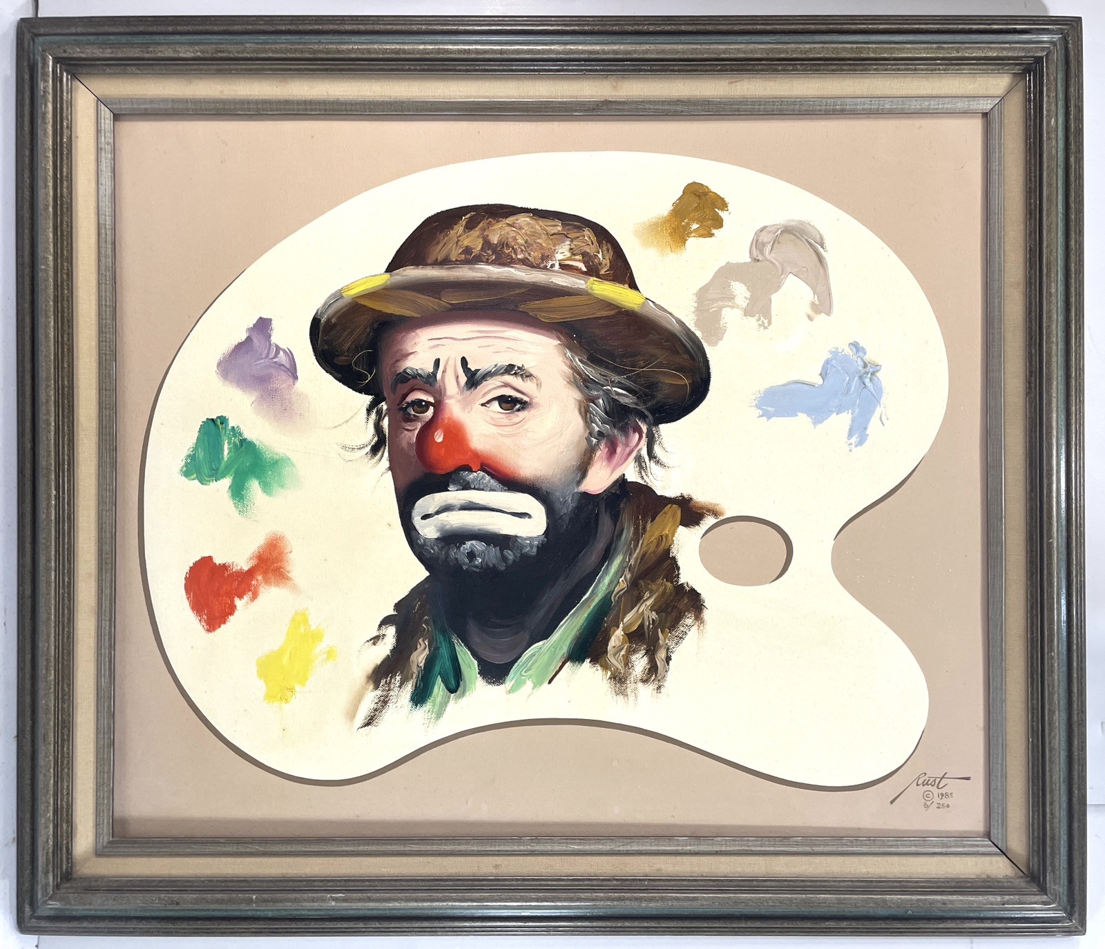 Vintage Emmett Kelly ￼CLOWN Artist Palette OIL PAINTING Canvas Signed RUST 20x24