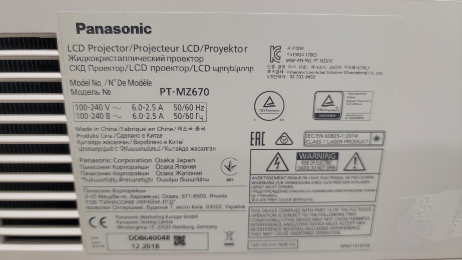Panasonic PT-MZ670 LCD Projector 5,408 Hours