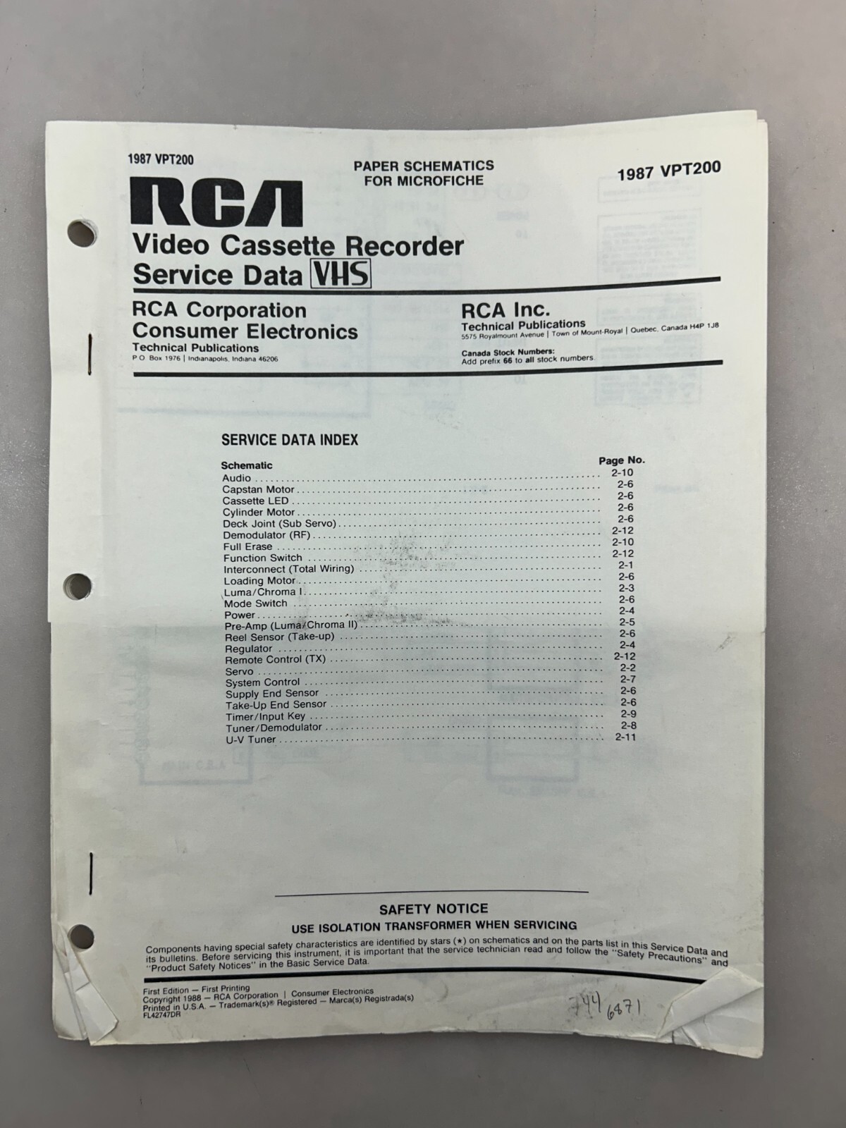 RCA VPT200 Original Schematics Free Shipping