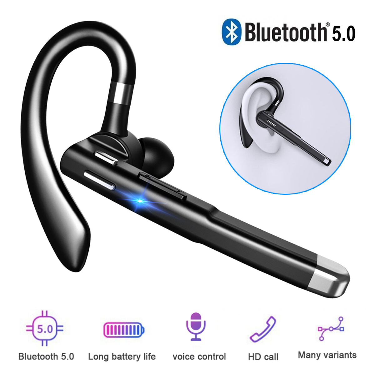 Bluetooth 5.0 Earpiece Wireless Headset Noise-Cancelling Earbuds Driving Trucker