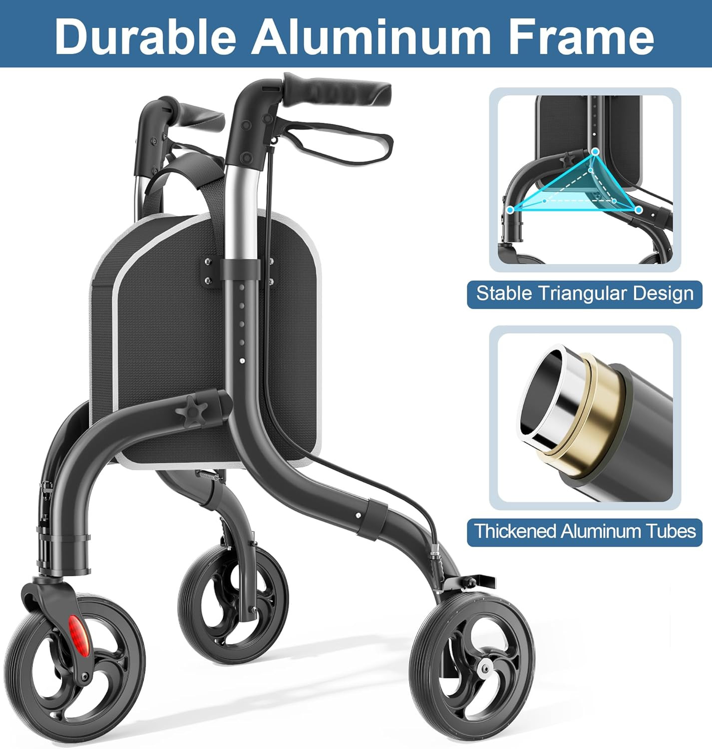 Lightweight 3 Wheel Walker for Seniors, Adjustable & Foldable with Storage Bag