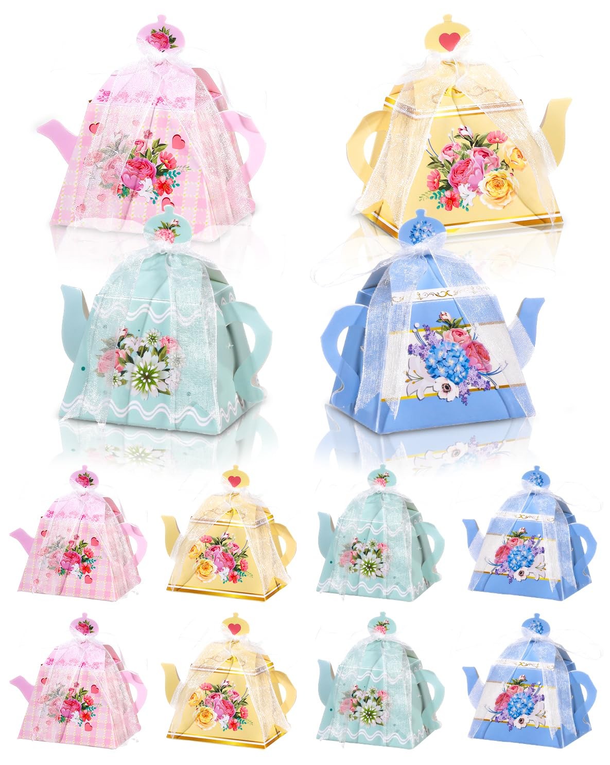 12 Pcs Floral Tea Party 10.5x8.5x8.5cm/4.13 x 3.35 x inch, Teapot+Ribbon