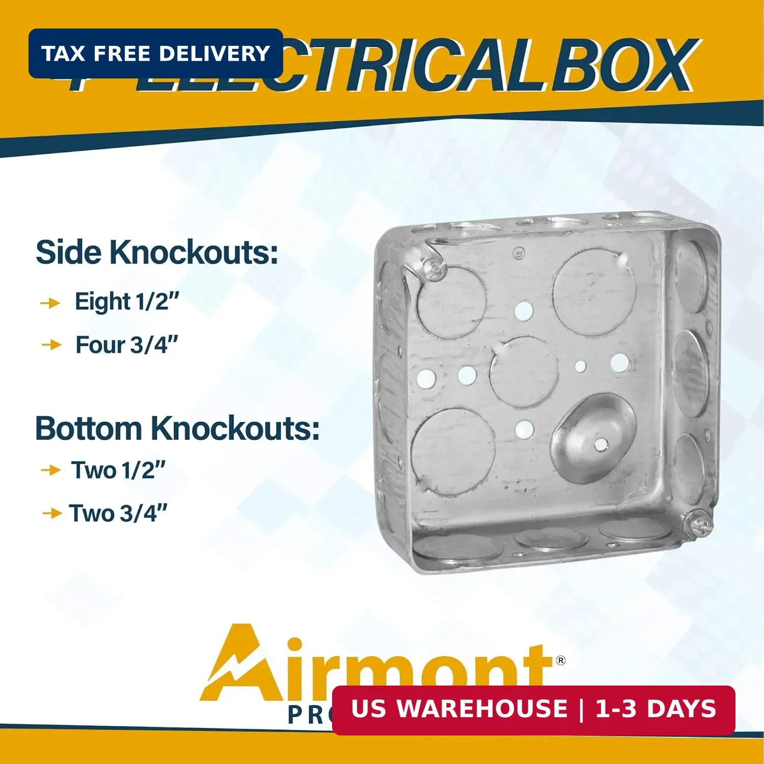 (4 Pack) 4'' Square Electrical Box, Drawn Construction, Ten 1/2'' and Six 3/4''
