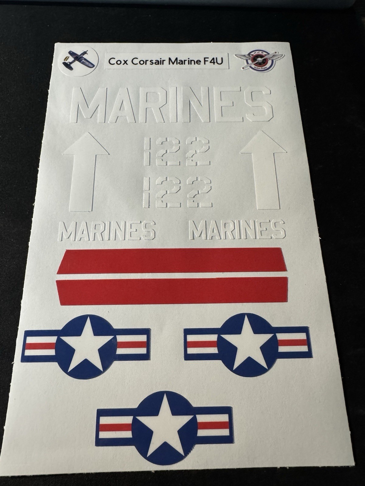 Cox Corsair Marine F4U Gas Powered Control Line Airplane Reproduction Decal Set
