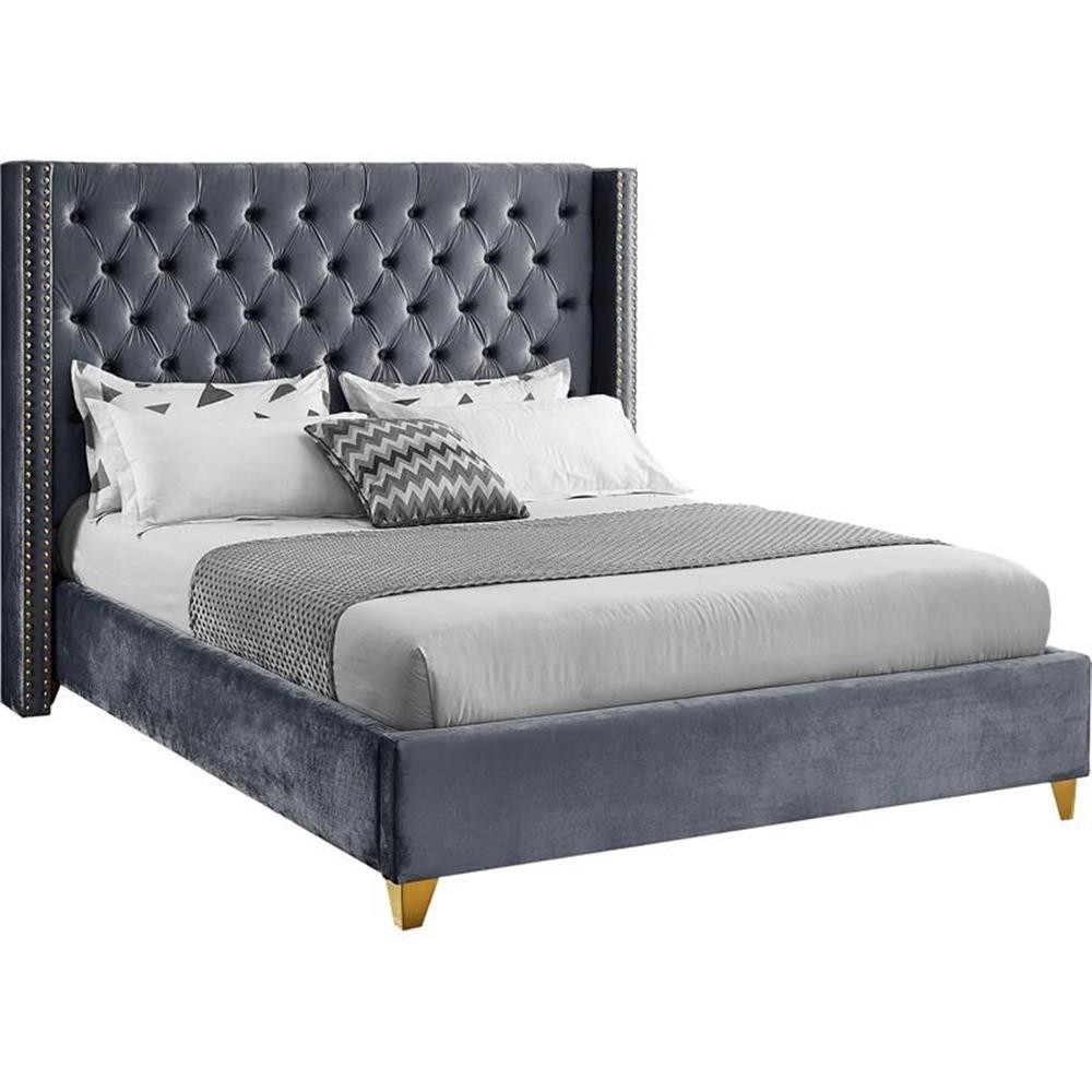 Pemberly Row Contemporary Gray Velvet Queen Bed - 72"W x 86"D x 56"H