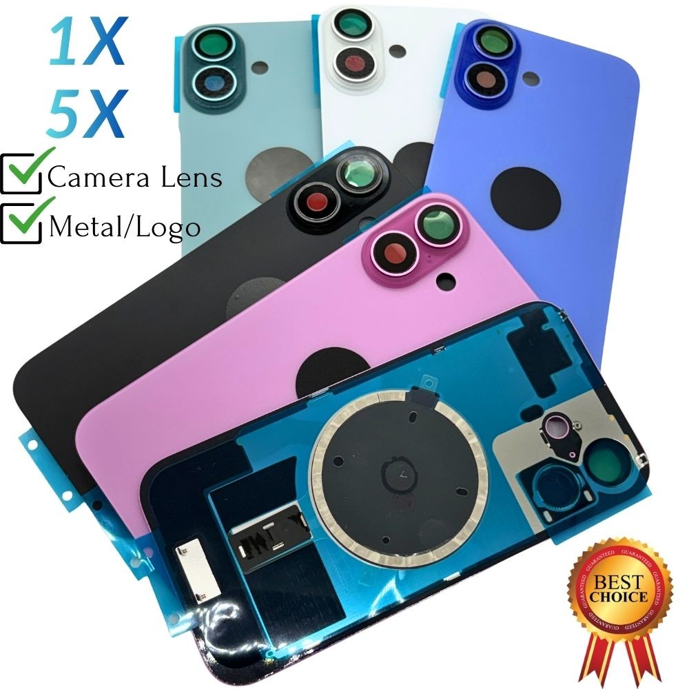 For iPhone 14 15 16 16e 17 Rear Cover Back Glass Replacement w/ Metal/Logo Lot
