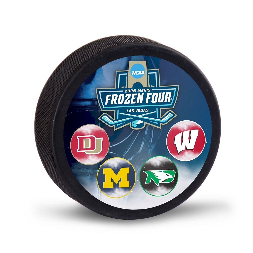 2026 FROZEN FOUR NCAA 4 TEAM LOGO PUCK Denver No Dakota Michigan Wisconsin E0#A1