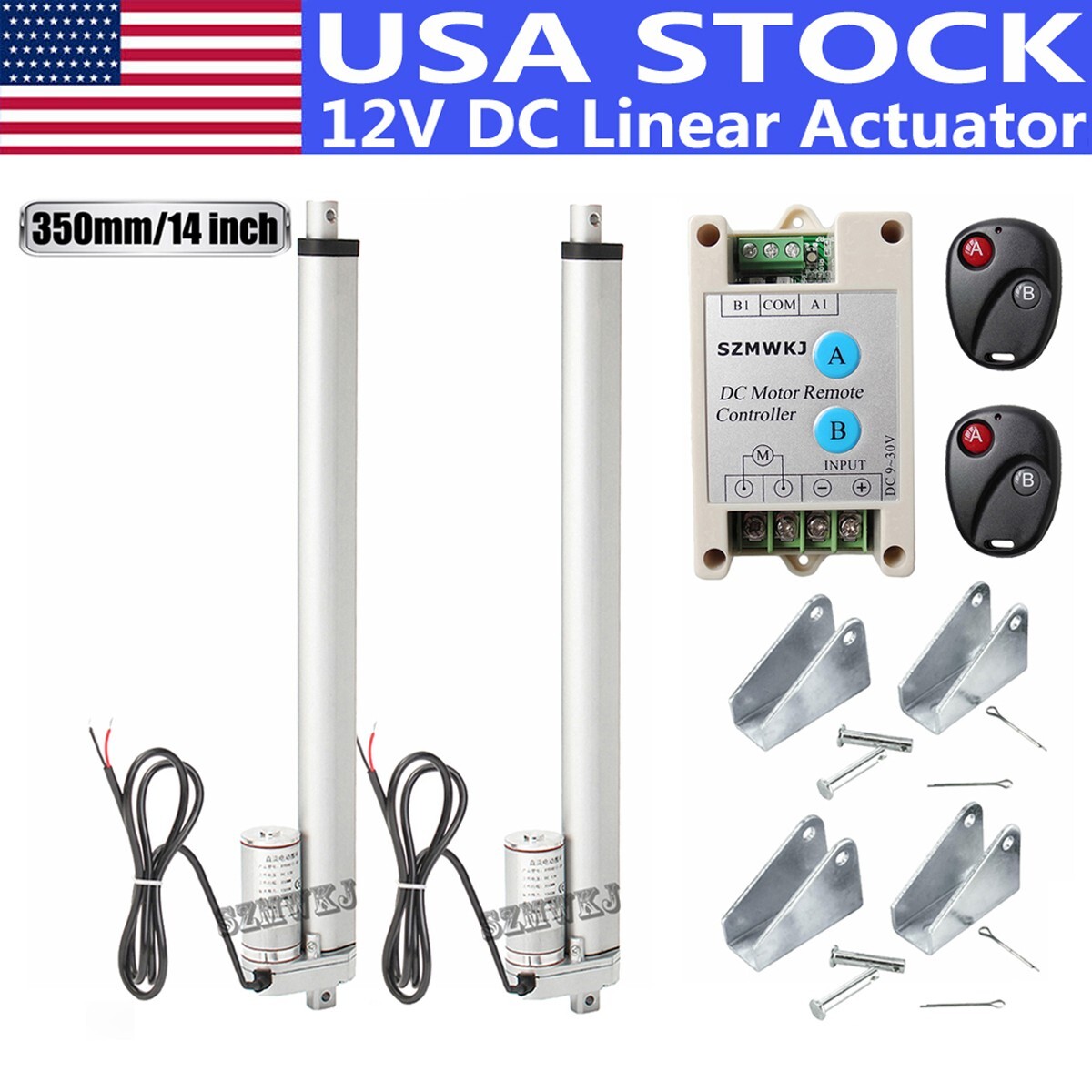 2 Linear Actuators 14" Stroke 1500N 12V DC Motor W/ Wireless Remote Bracket Set